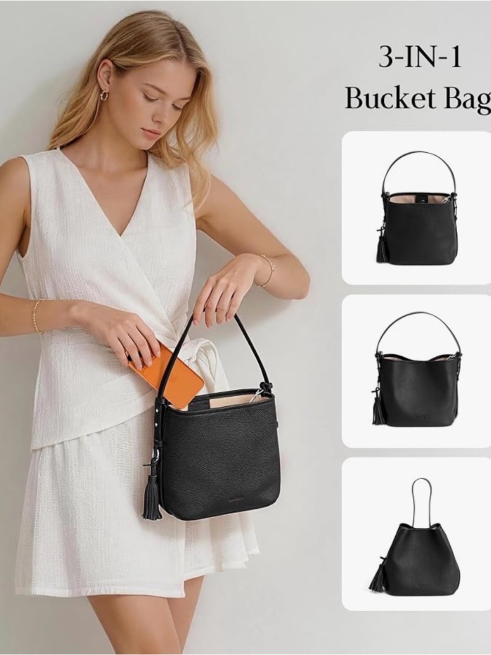 Black genuine leather bucket bag
